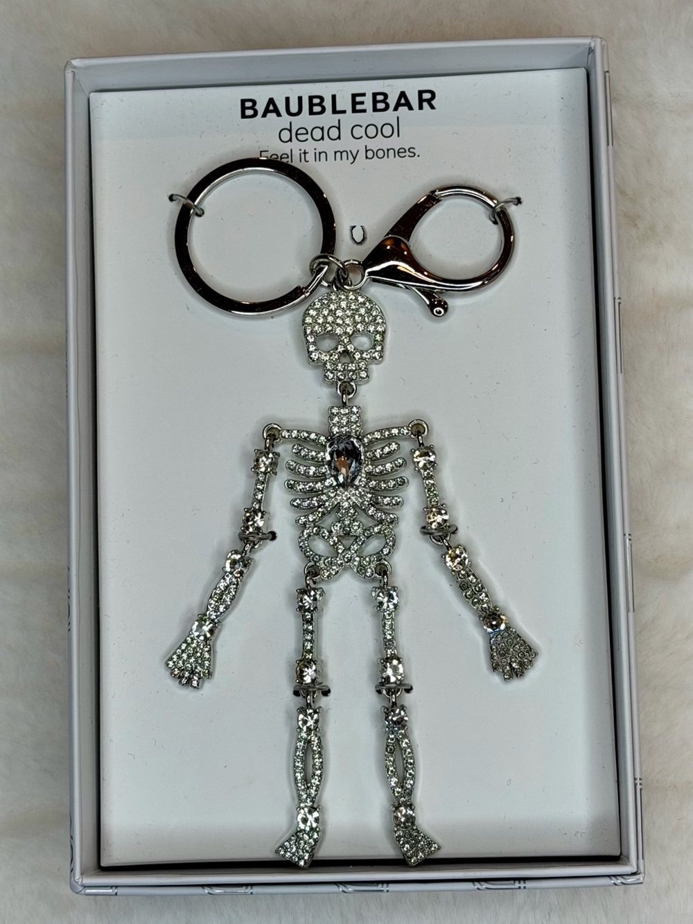 BaubleBar Dead Cool Rhinestone Skeleton Bag Charm Keychain Silver Tone Box